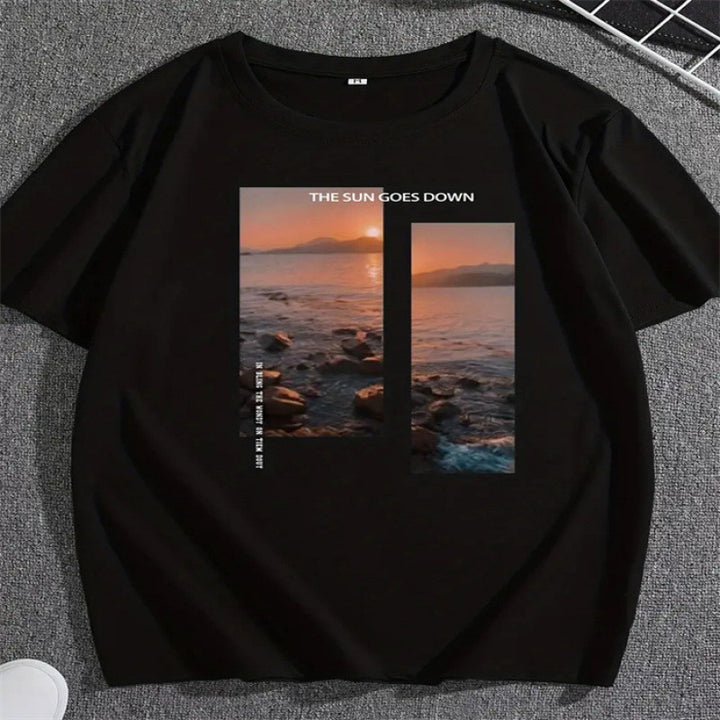 Dame T-shirt med kunstnerisk landskabstryk og afslappet snit Stilla