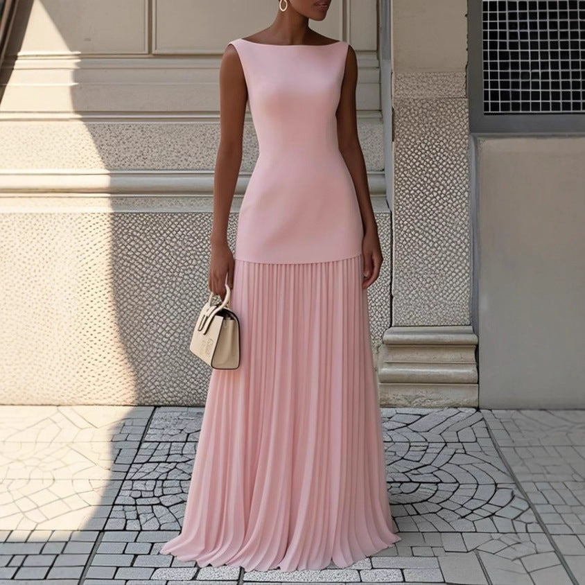 Damer Elegant Maxi Kjole med Højskåret Top og Plisseret Nederdel