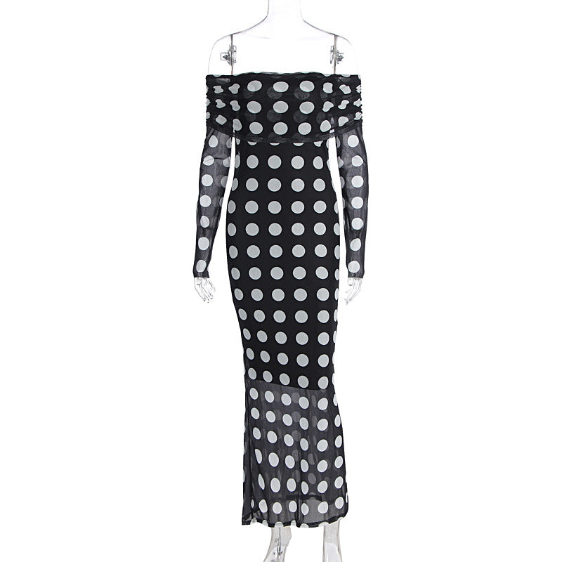 Dame Elegante Maxikjole med skulderfri design og prikker Skovae
