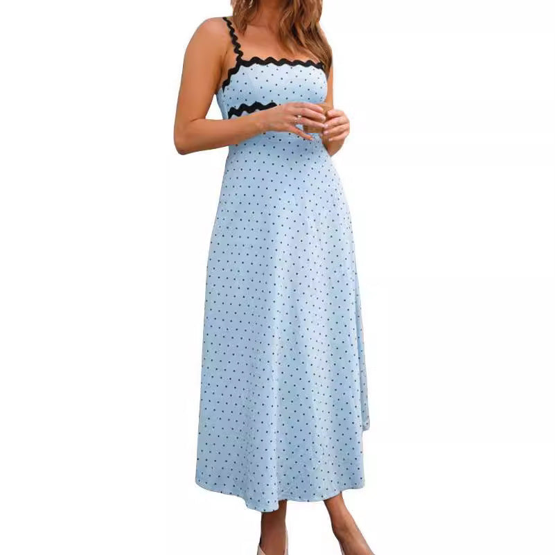 Dame maxikjole med blonder og legende polka-dot mønster Skovae