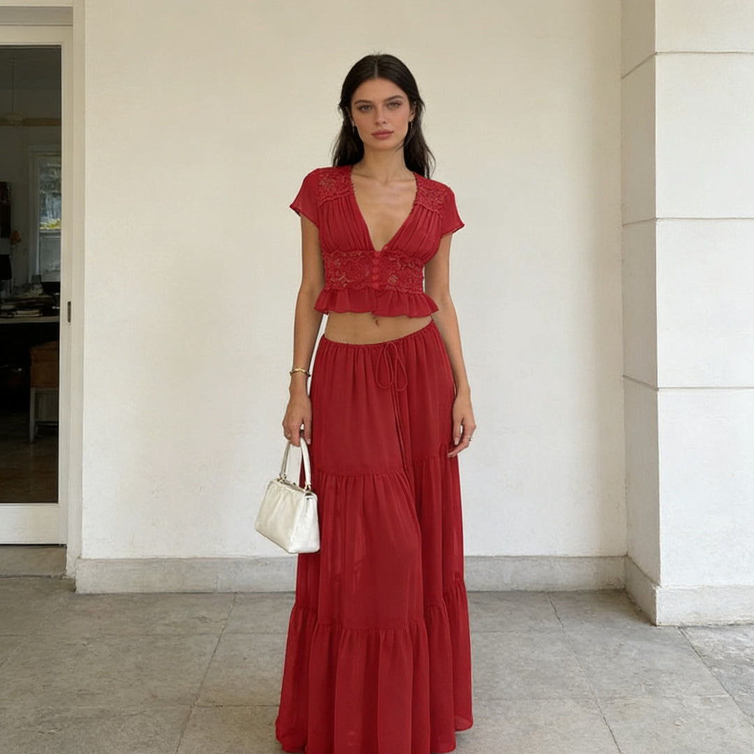 Dame Casual Maxi Kjole med elegant rynkning og cropped top Skovae