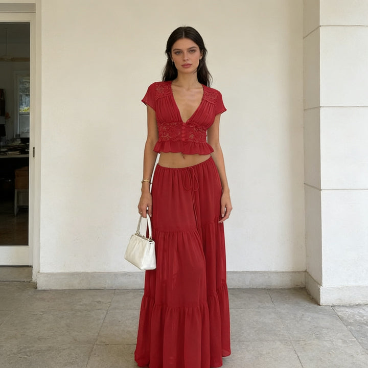 Dame Casual Maxi Kjole med elegant rynkning og cropped top Skovae