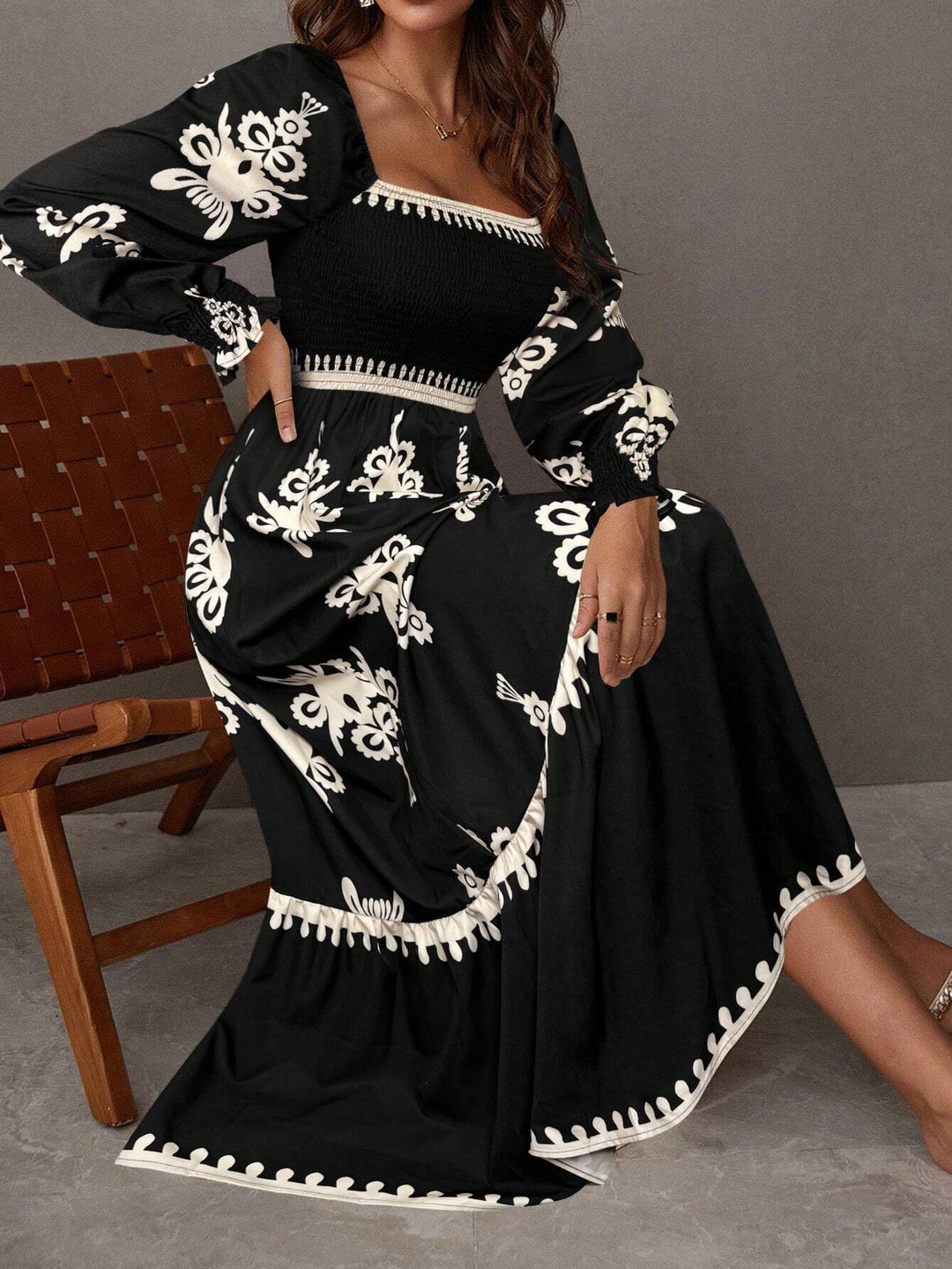 Dame Maxi-kjole i Boho-stil med blomster mønstre Stilla