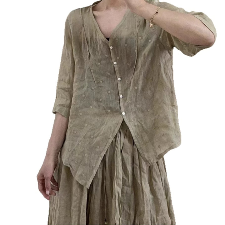 Femme Trekvart-ærme Button-Up Linned Top Stilla