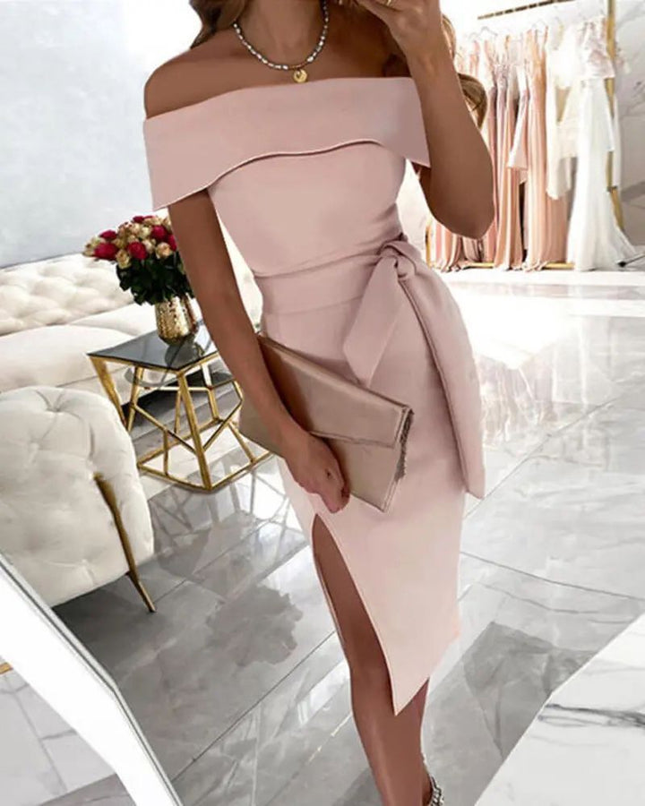 Dame Off-Shoulder Elegant Midi Kjole med sidelæg Stilla