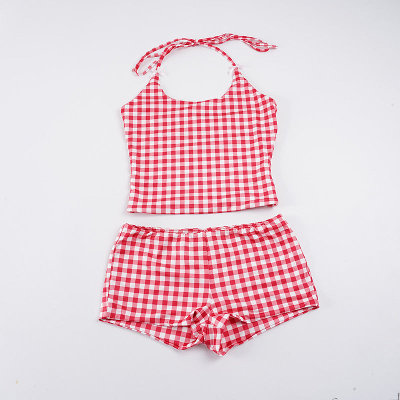 Damen Bademode-Set mit kariertem Muster und verstellbaren Trägern Skovae