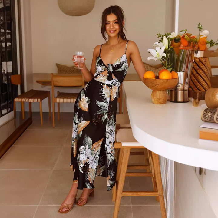 Dame Floral Print Maxi Kjole med sidelæns knude-detalje Stilla