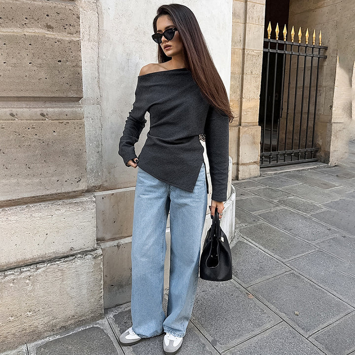 Dame Off-Shoulder Top med asymmetrisk snit og lang ærme Stilla