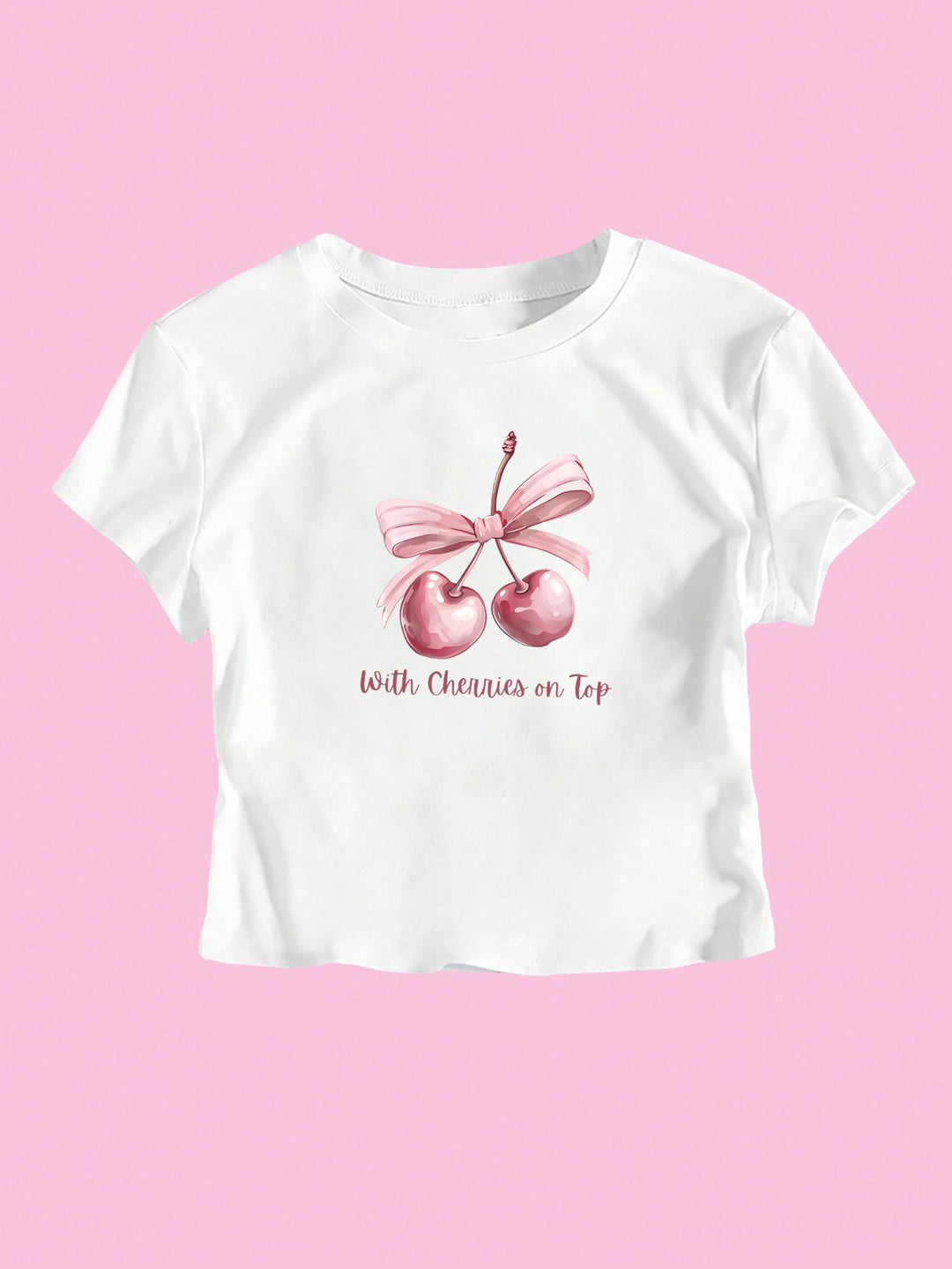 Dame Kortærmet Crop-T-shirt med glædeligt kirsebærmotiv og sløjfeapplikation Skovae