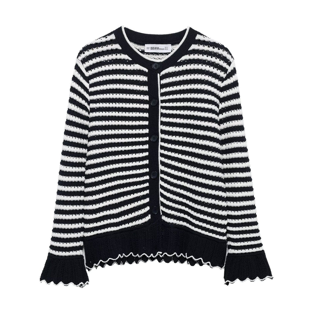 Dame Stribet Strikcardigan Pullover med Bølgekant Stilla