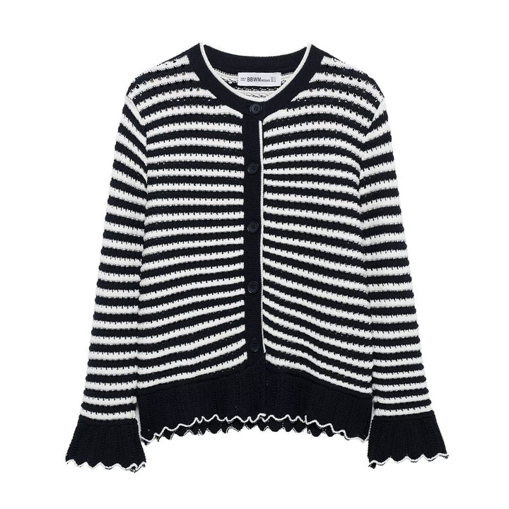 Dame Stribet Strikcardigan Pullover med Bølgekant Stilla