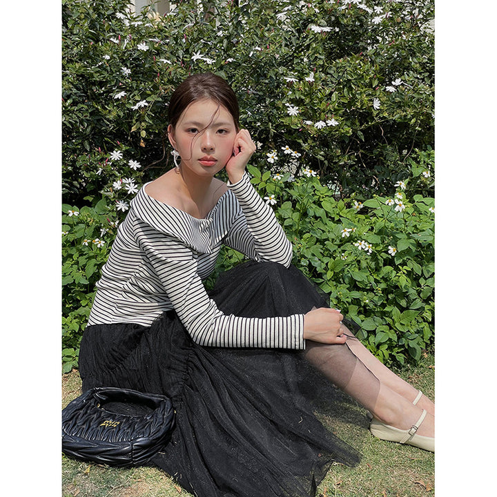 Damer Off-Shoulder Strikketop med asymmetrisk kant og stribemønster Stilla
