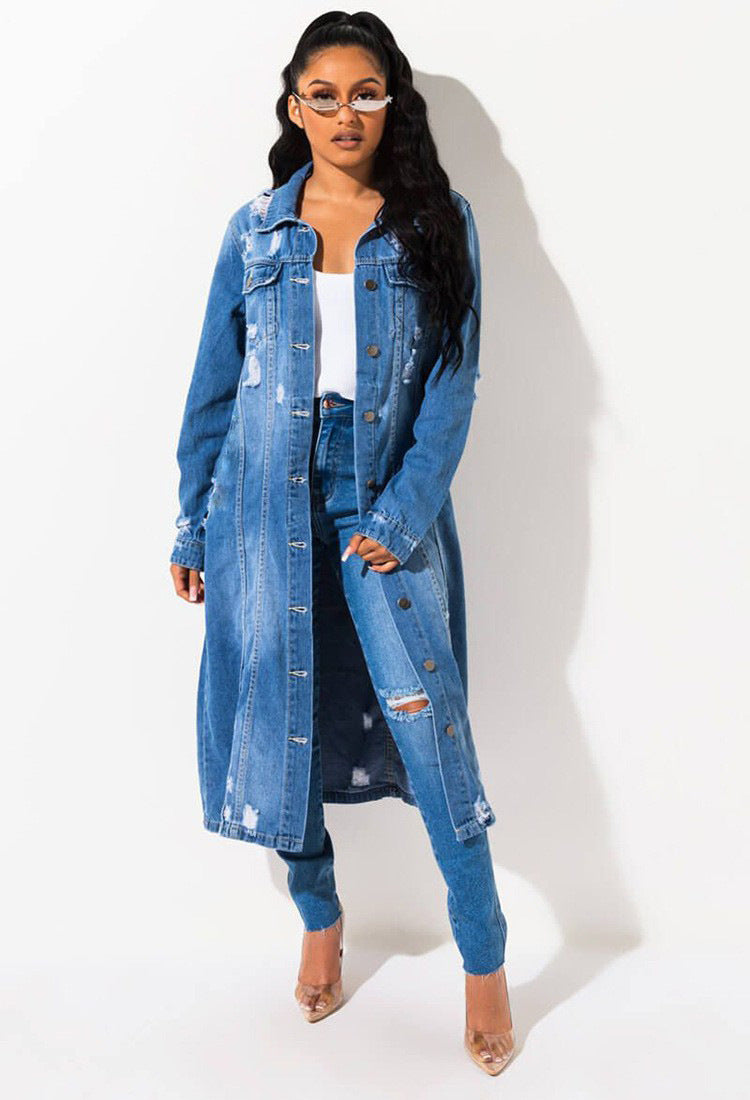 Dame lang Denim-frakke med modige Destroyed-detaljer Stilla