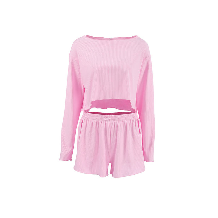 Dame afslappet lounge-sæt med cropped top og shorts lavet af fint strukturgarn Stilla