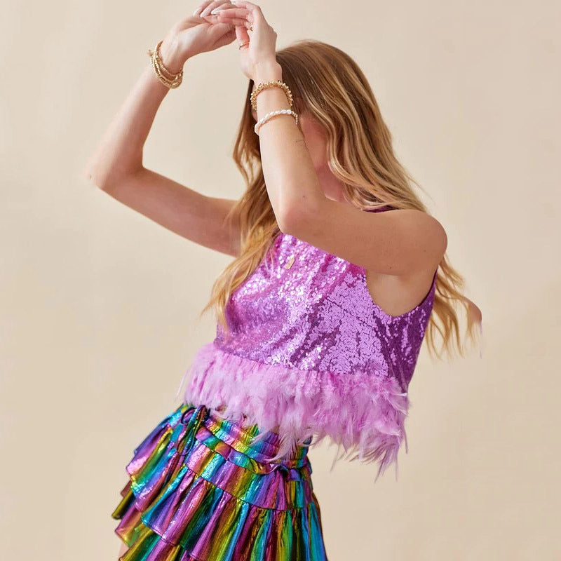 Dame Glitrende Crop-Top med Fjer og Metallic-Detaljer Stilla