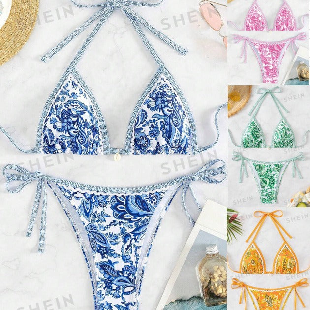 Dame triangel-bikini-sæt med florale accenter og justerbare stropper Stilla