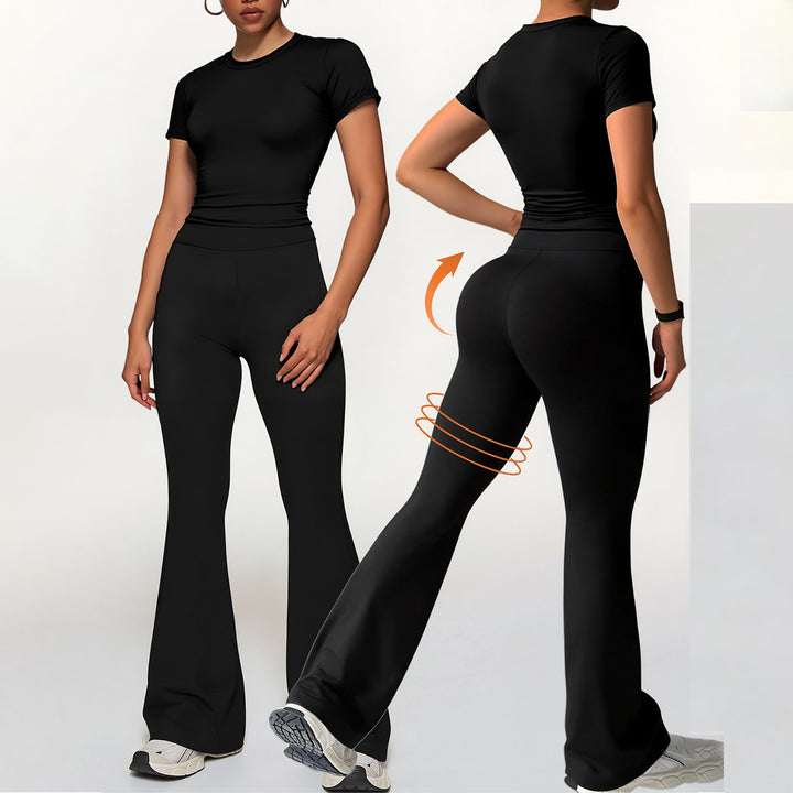 Damer Sportsæt med figursyet crop-top og smalt skårne flared leggings Skovae
