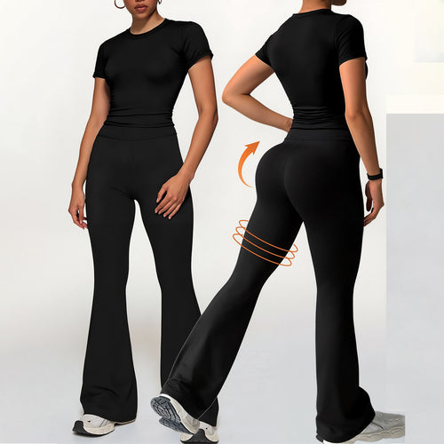 Damer Sportsæt med figursyet crop-top og smalt skårne flared leggings Skovae