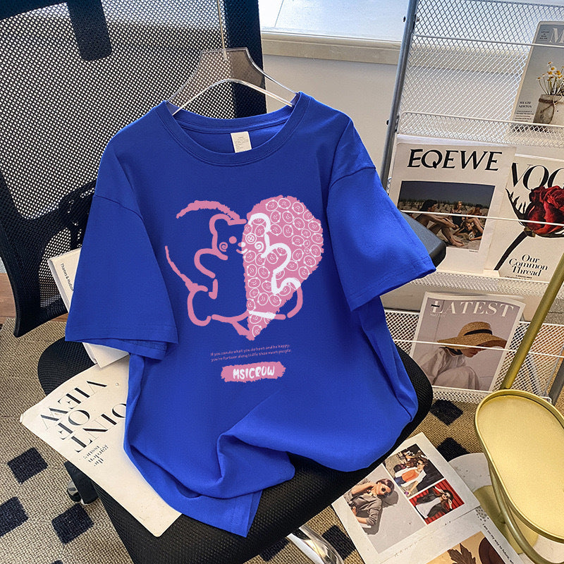 Dame T-shirt med kreativt hjerte- og dyremotiv Stilla