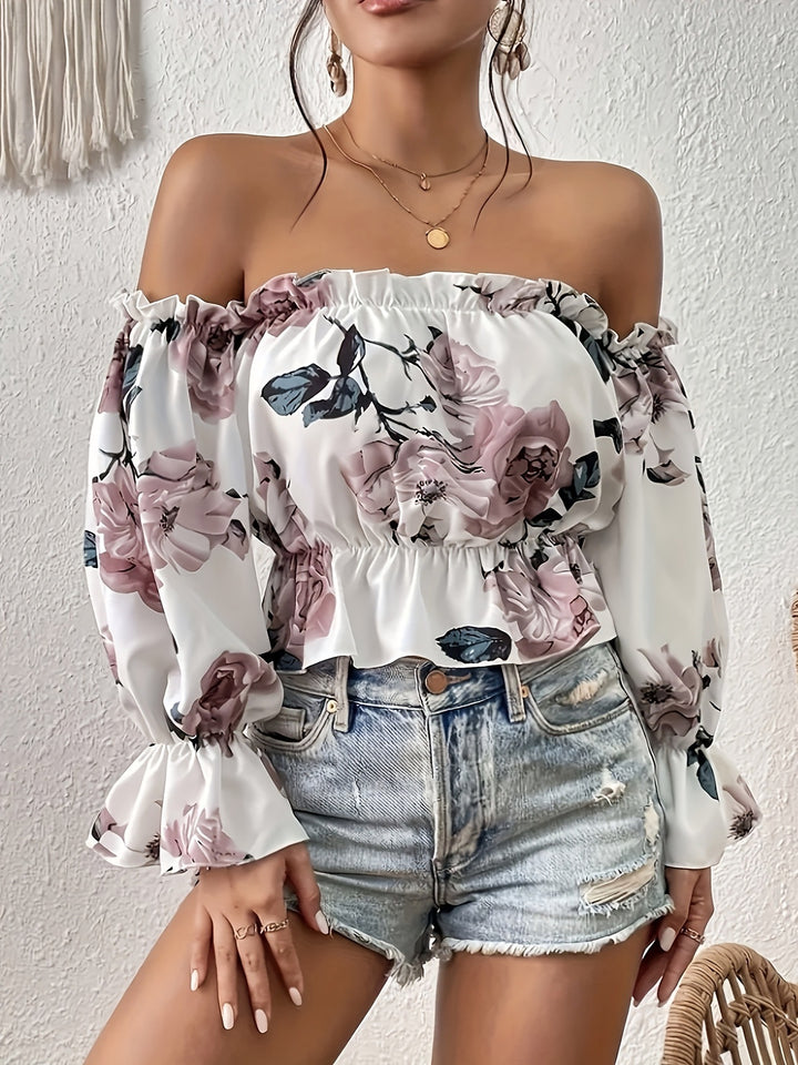 Dame Minimal Off-Shoulder Bluse med Rüschensaum og blomster mønster Stilla