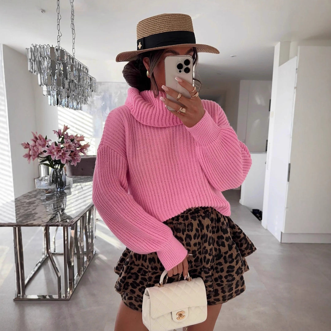 Kvinders chunky strikket sweater med høj krave og bredskårede ærmer Stilla