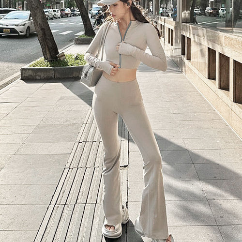 Dame sporty sæt med høj talje og lynlås crop-top Skovae