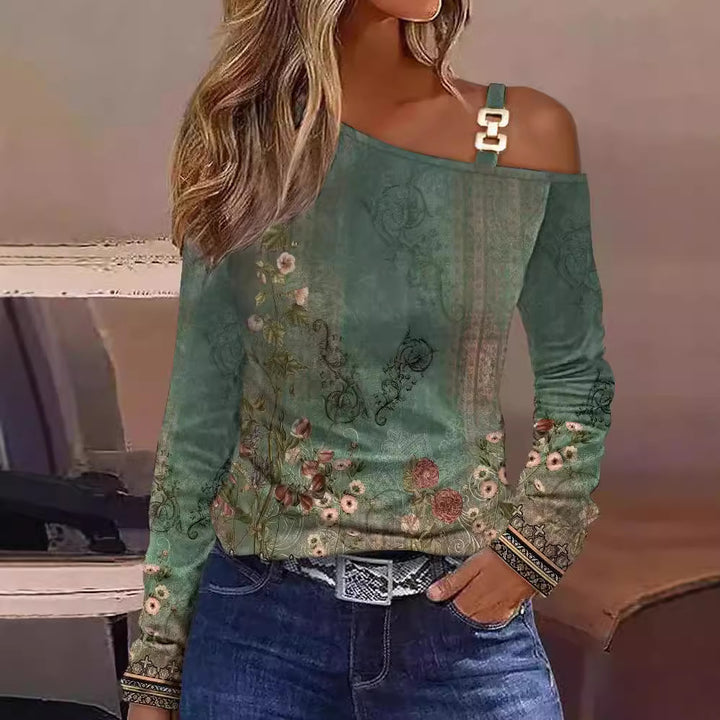 Dame top med asymmetrisk snit og blomsterdesign Stilla