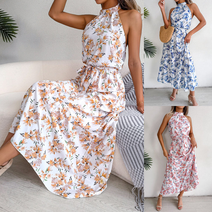 Dame maxikjole med floralt design og talje bælte Stilla