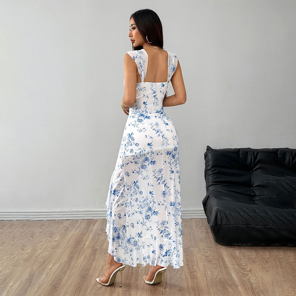 Kvinders tætsiddende maxi-kjole med blomsterdesign og sideslid Stilla