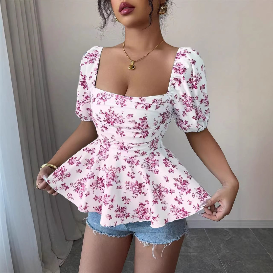 Dame Peplum-bluse med puffærmer og blomsterdesign Skovae