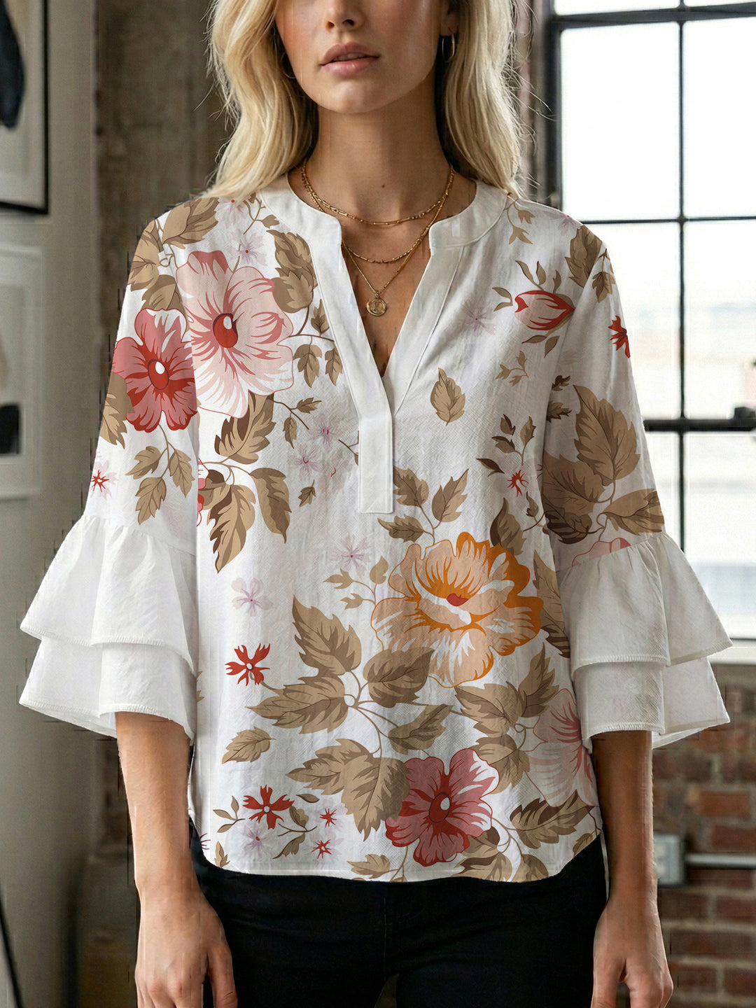 Dame Elegant top med volumiøse puffærmer og floraltryk Skovae