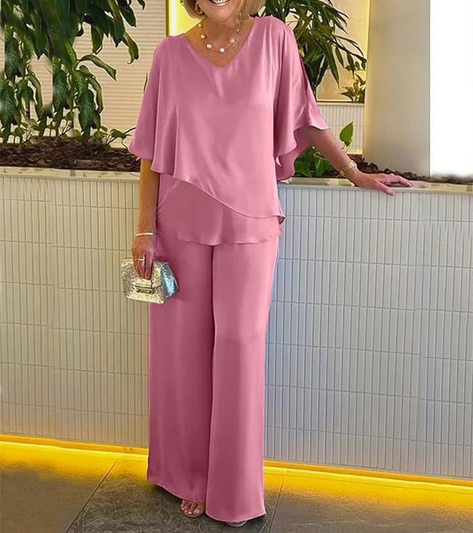 Dame elegant kombination af flydende overdel og vide buksedesign Stilla
