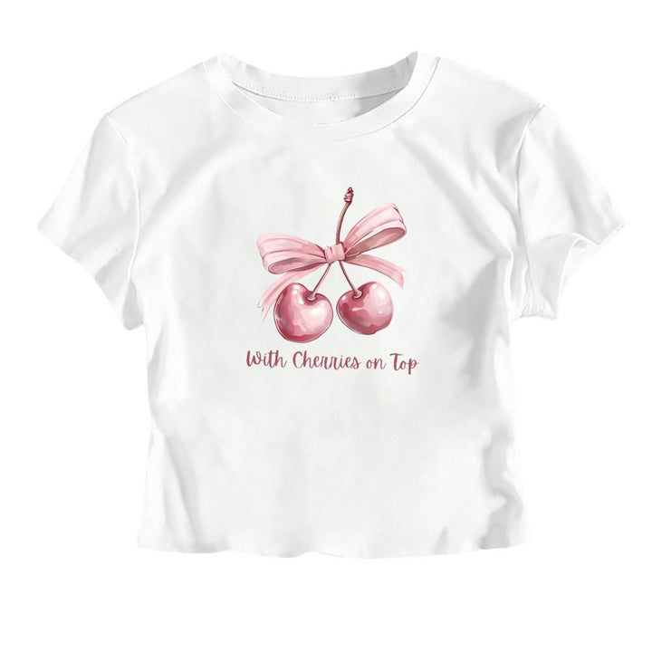 Dame Kortærmet Crop-T-shirt med glædeligt kirsebærmotiv og sløjfeapplikation Skovae