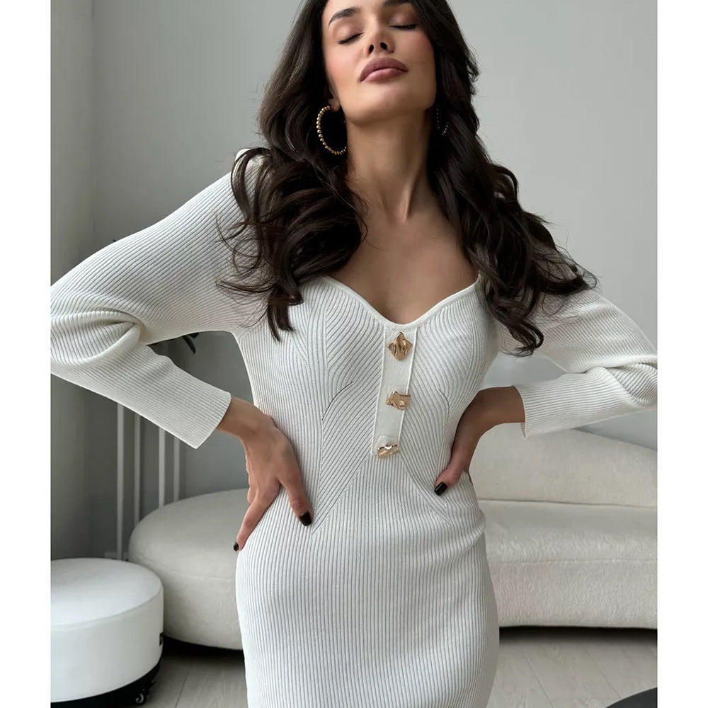 Femme Elegante Ribstruktur Knap Midi Kjole Stilla