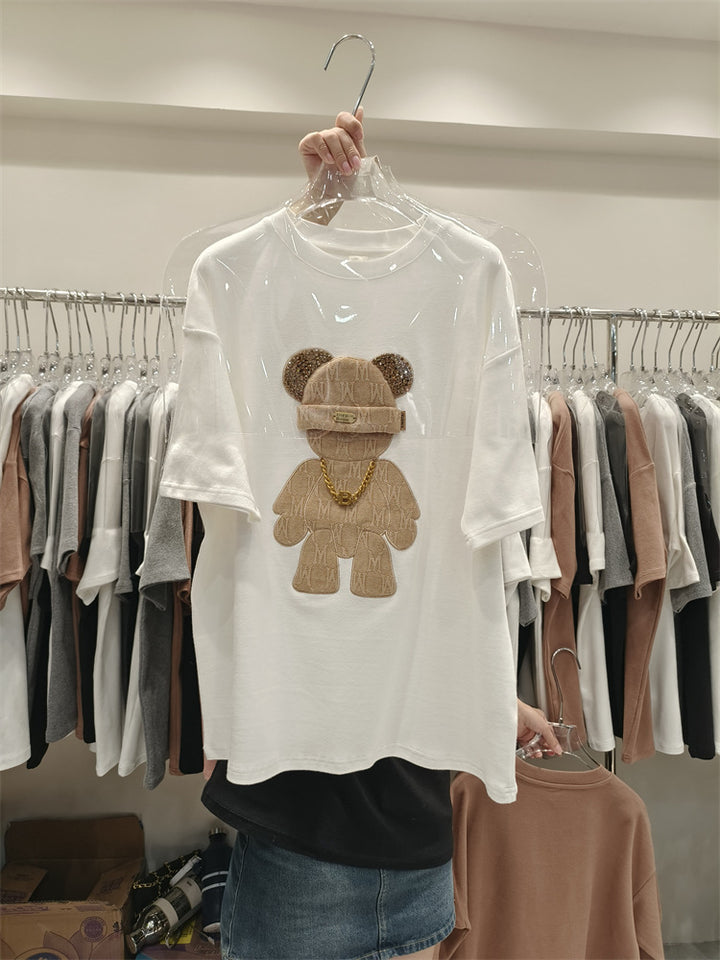 Dame T-shirt med kreativ bjørnemotiv og luksuriøse detaljer Stilla