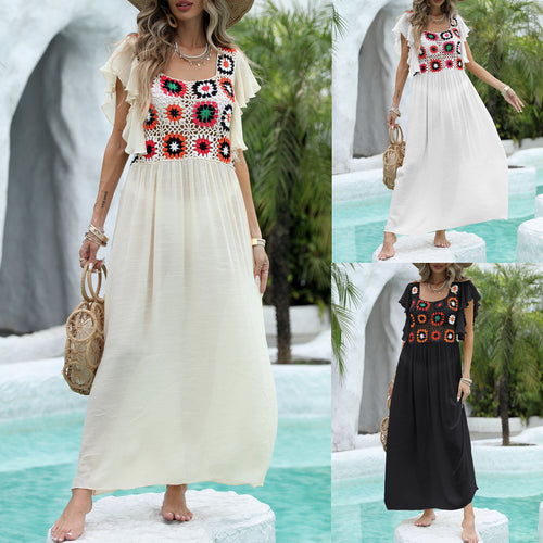 Dame luftig maxikjole med farverigt hæklede mønster Skovae