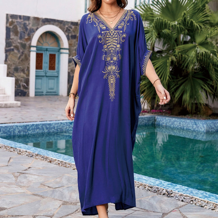 Dame Kaftan med kunstnerisk broderi og elegant V-hals Stilla
