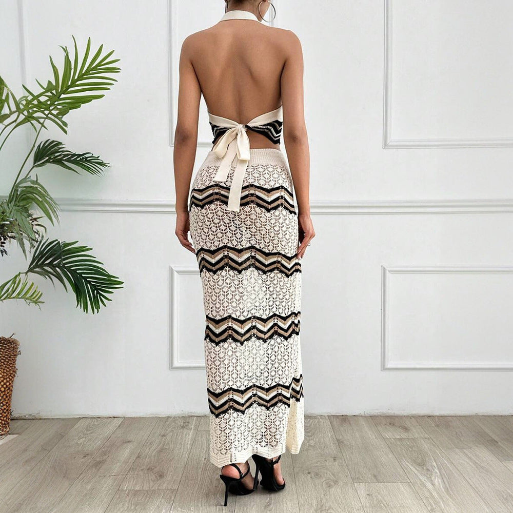 Dame Elegant hæklede Maxi-kjole med Crop Top og geometrisk mønster Stilla