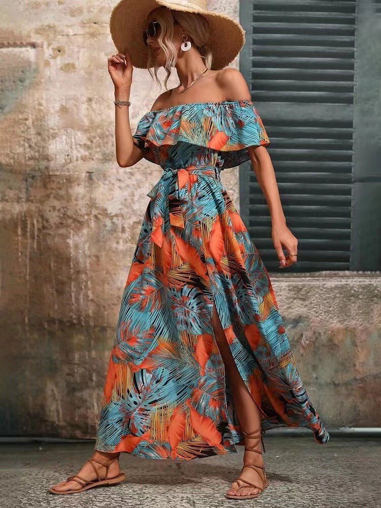 Dame Off-Shoulder Maxikjole med Sideslids Stilla