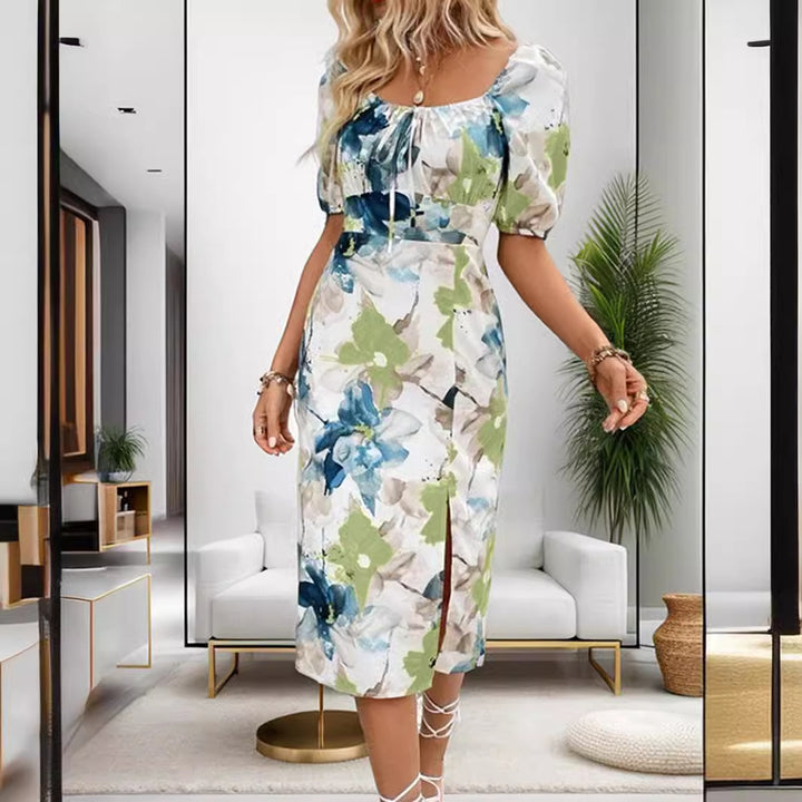 Dame Midikjole med afslappede puffærmer og elegant blomsterprint Stilla