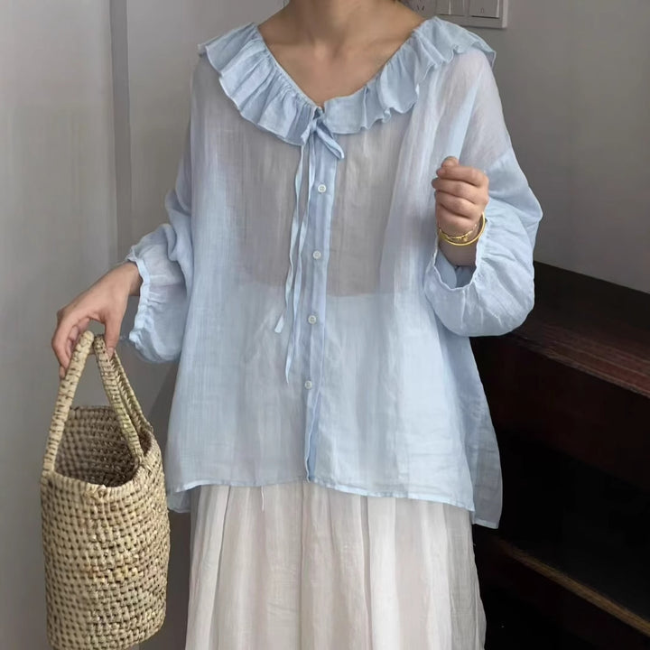 Femme Transparent Ruffle Krave Button-Up Bluse Stilla