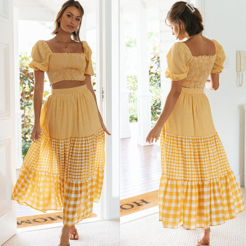 Dame sæt bestående af ternet cropped top og voluminøs nederdel Stilla
