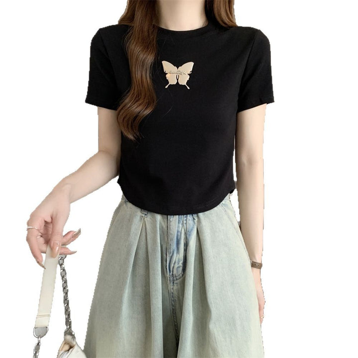 Dame forkortet grafik T-shirt med sommerfugldesign Stilla