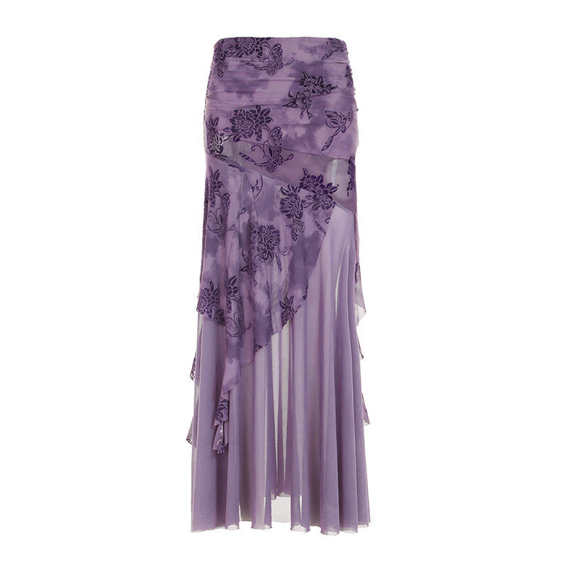 Dame elegant asymmetrisk maxiskørt med blomsterdekorationer Skovae