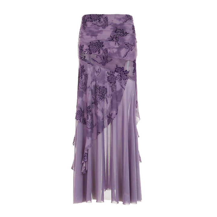 Dame elegant asymmetrisk maxiskørt med blomsterdekorationer Skovae