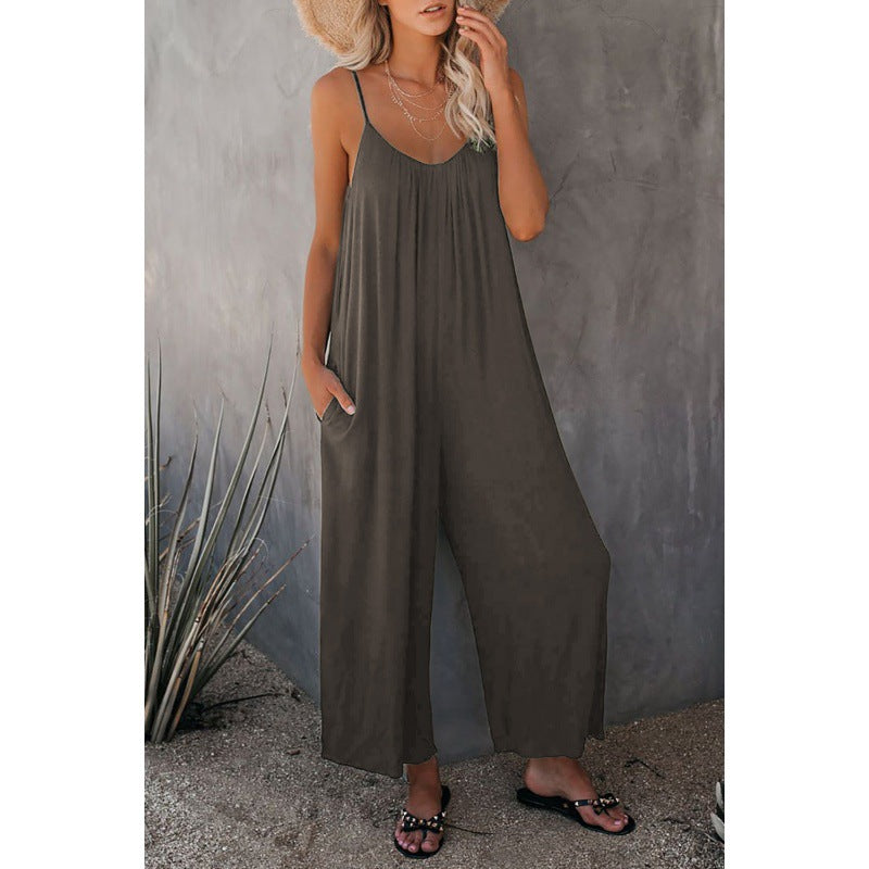 Dame Flydende Bredbenet Jumpsuit med Justerbare Spaghetti Stropper Stilla