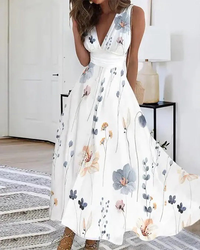 Dame Blomstrende A-Linie Maxikjole med V-udskæring og elegante stropper Stilla