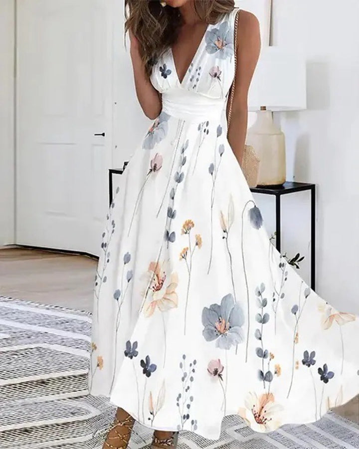Dame Blomstrende A-Linie Maxikjole med V-udskæring og elegante stropper Stilla
