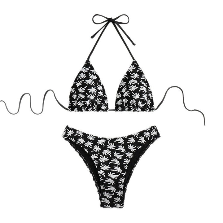 Dame triangel-bikini med glædeligt palme-mønster og høj benudskæring Skovae
