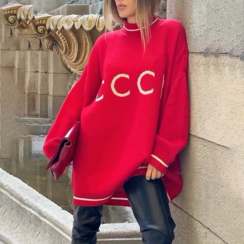Kvinders løse strikket sweater med retro print Stilla